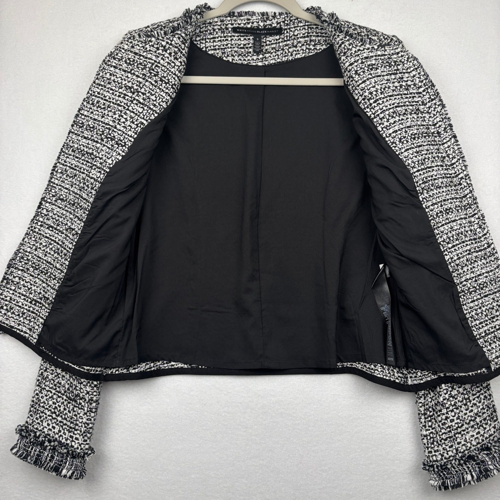 White House Black Market Jacket Womens Small Tweed Fringe Open Front Cropped - Picture 3 of 10